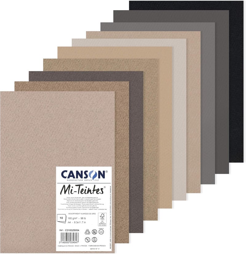CANSON عبوة ورق رسم ملون Mi-Teintes 160gsm A4، مزدوجة الجوانب: خلية نحل وحبيبات ناعمة، 10 ورقات باللون الرمادي، للفنانين المحترفين والرسامين - Image 1